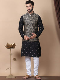 Anouk Black Floral Embroidered Sequinned Cotton Silk Kurta with Churidar & Nehru Jacket