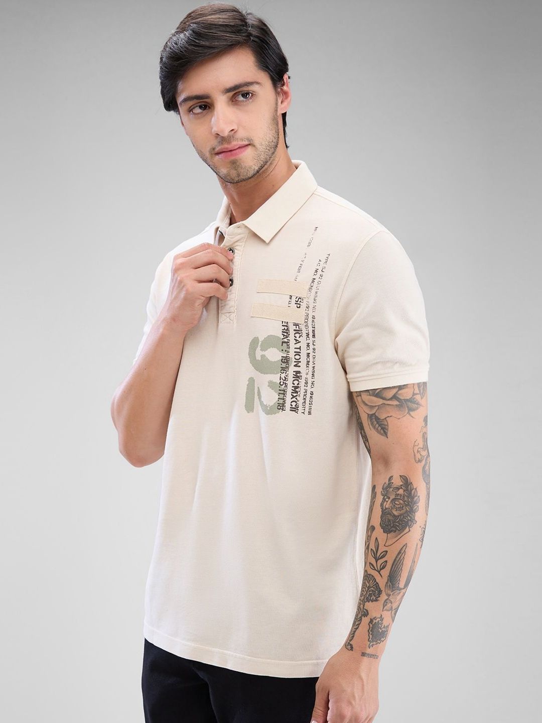 SPYKAR Men Typography Printed Polo Collar Slim Fit Pure Cotton T-shirt