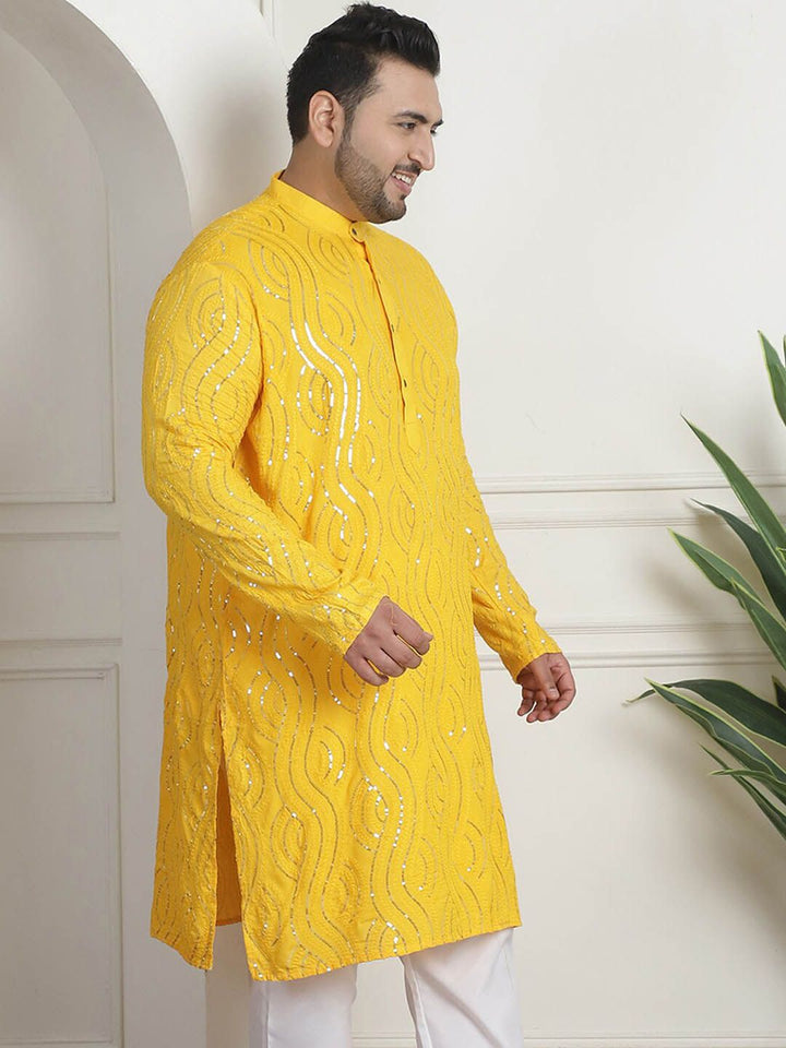 SOJANYA PLUS Geometric Embroidered Sequinned Mandarin Collar Cotton Straight Kurta