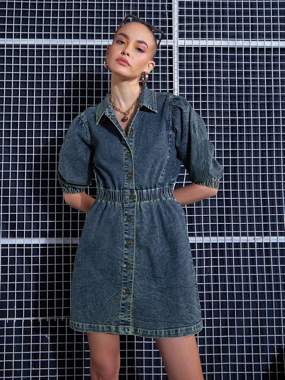 SASSAFRAS Blue Puff Sleeve Denim A-Line Dress