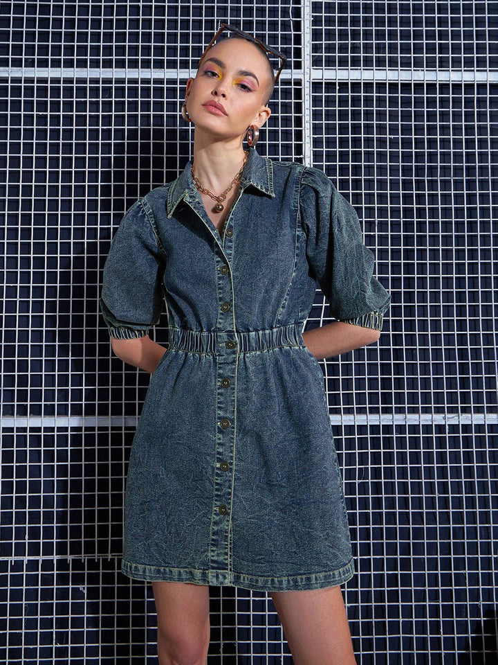 SASSAFRAS Blue Puff Sleeve Denim A-Line Dress