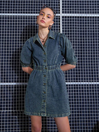 SASSAFRAS Blue Puff Sleeve Denim A-Line Dress