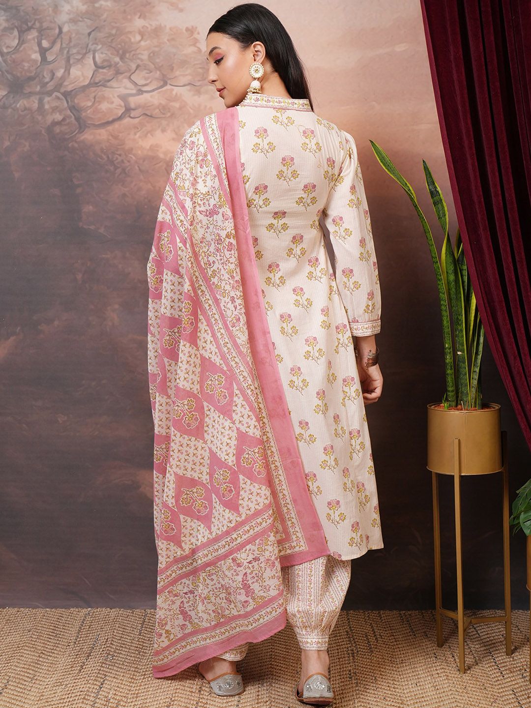 Vishudh Pink Floral Printed Pure Cotton Panelled A-Line Kurta With Salwar & Dupatta