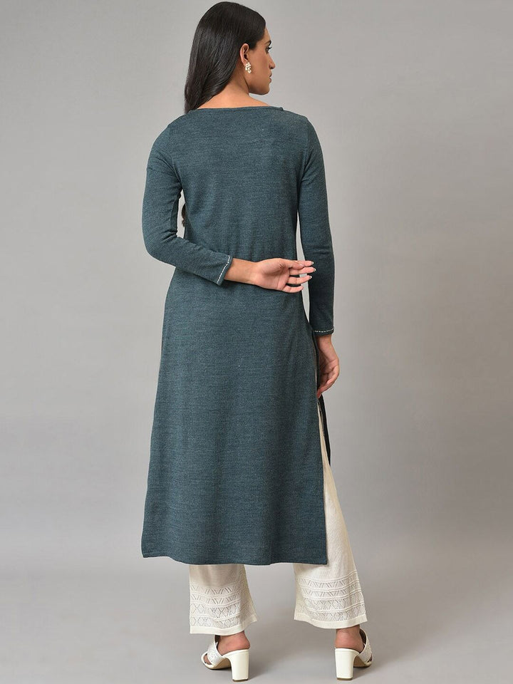 W Thread Work Round Neck Acrylic Straight Kurta