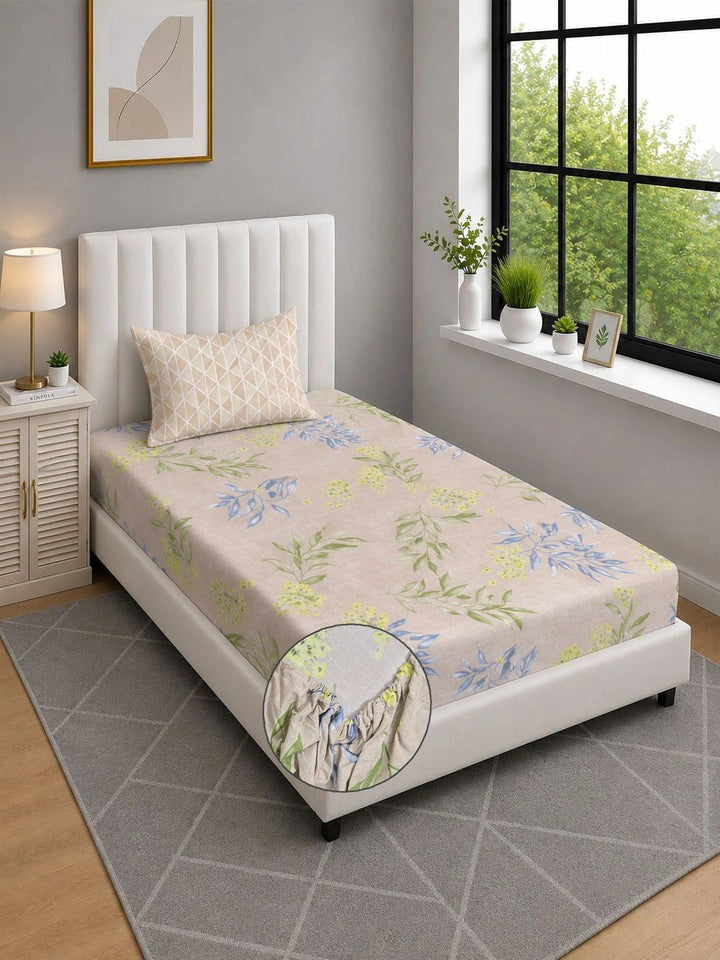 Moda Rapido X KLOTTHE Beige & Green Floral 300 TC Cadar Katil Single dengan 1 Sarung Bantal