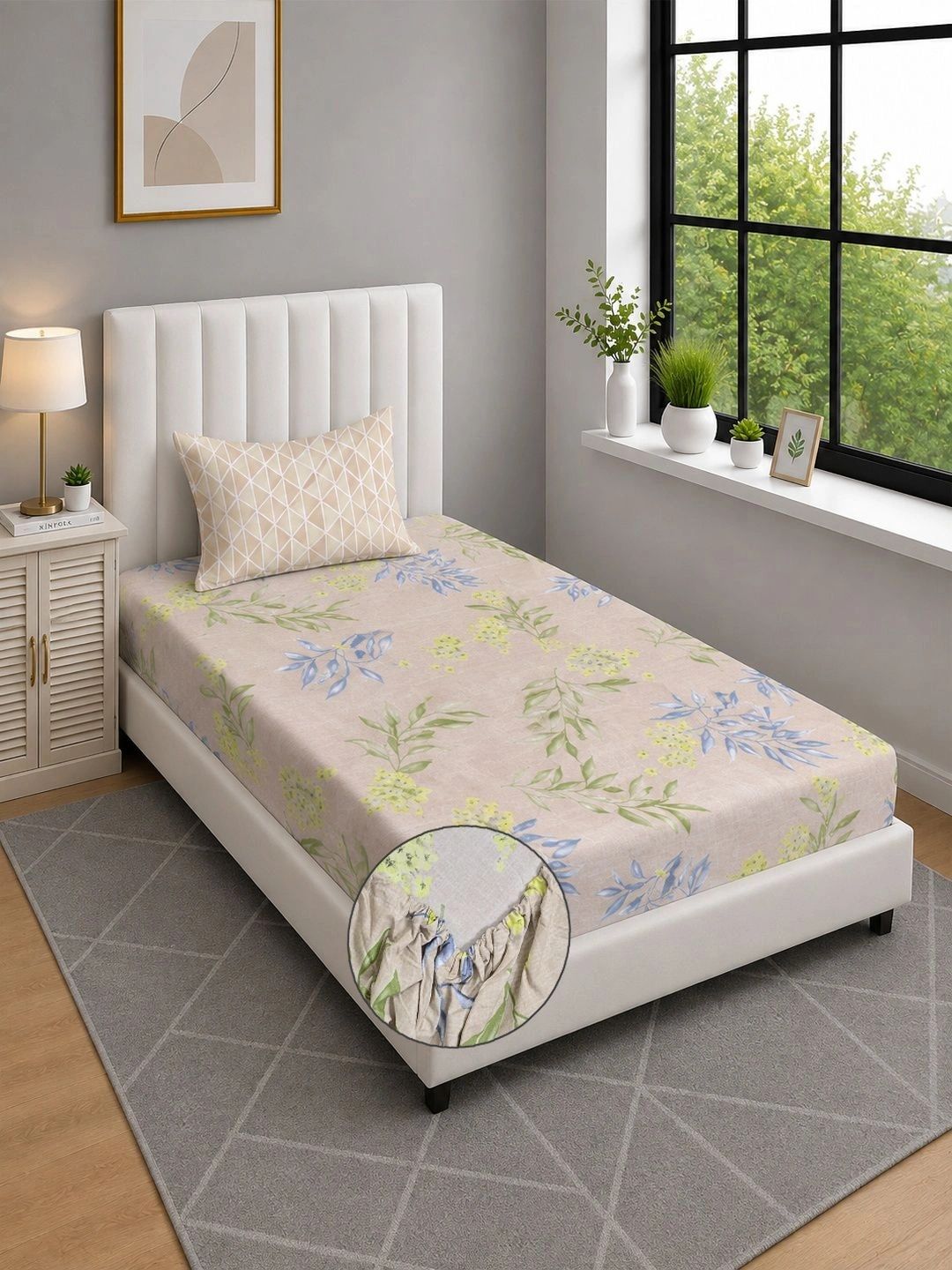 Moda Rapido X KLOTTHE Beige & Green Floral 300 TC Cadar Katil Single dengan 1 Sarung Bantal