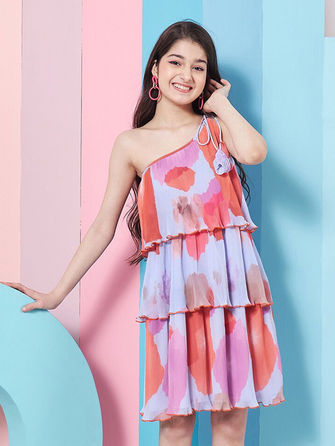pspeaches Girls Abstract Printed One Shoulder Georgette A-Line Dress