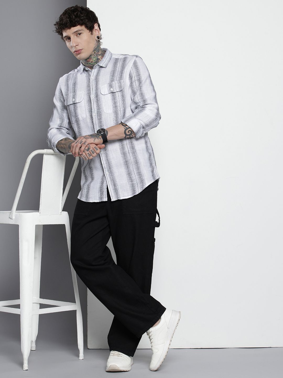 The Indian Garage Co Men Slim Fit Striped Double Flap Casual Shirt