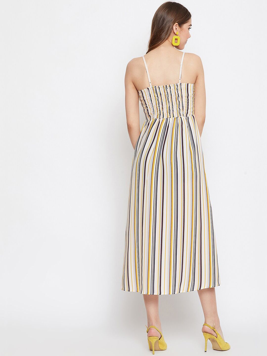 Berrylush Women Beige & Yellow Striped Fit and Flare Dress
