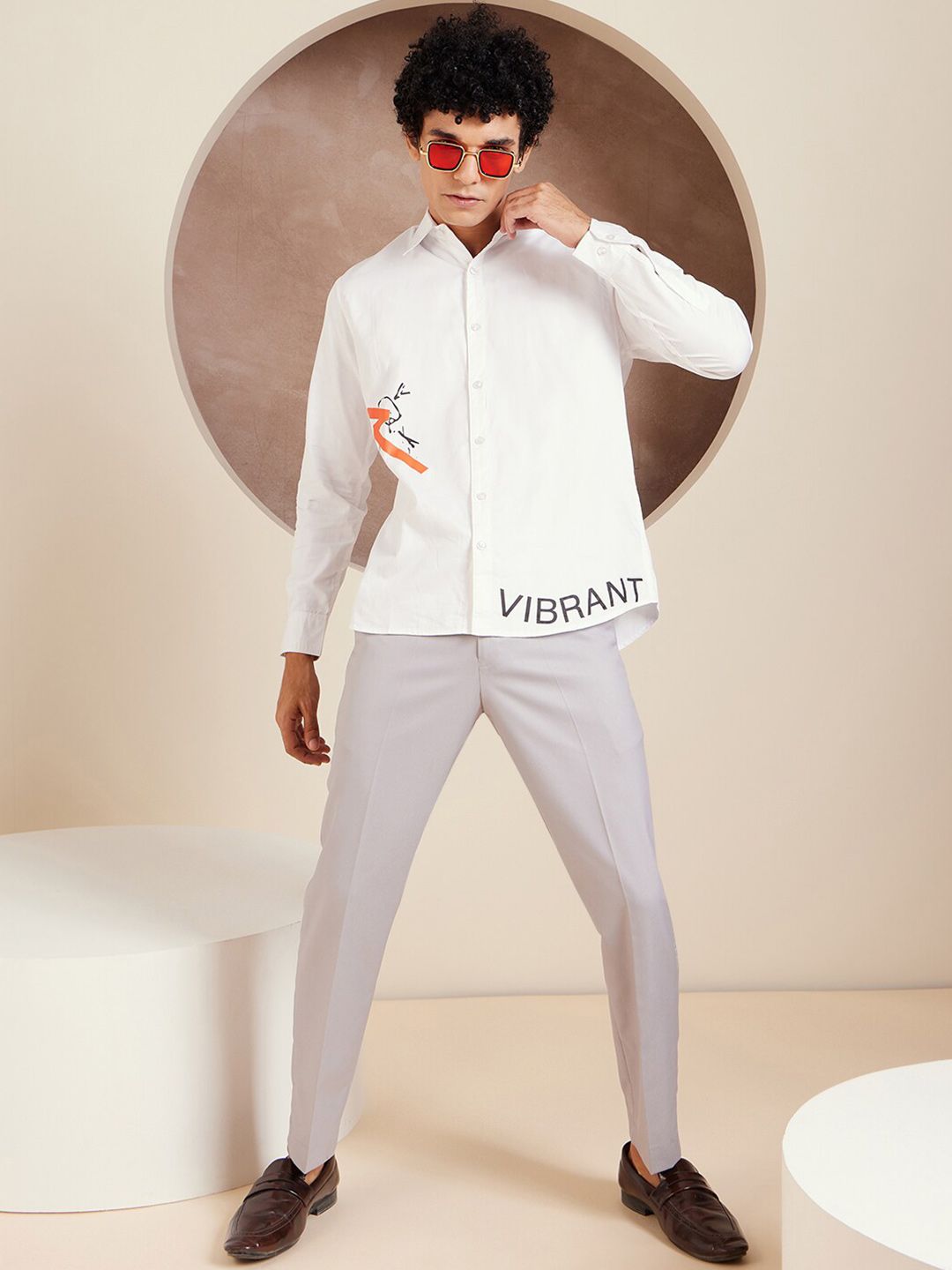 DENNISON Smart Typography Printed Spread Collar Long Sleeve Cotton Shirt