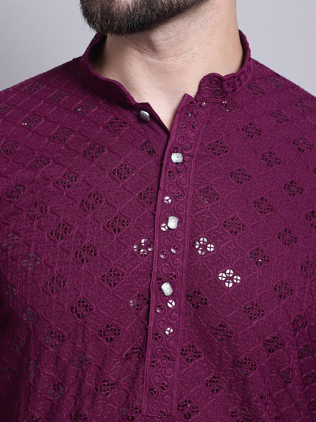 SOJANYA Geometric Embroidered Sequence Mandarin Collar Pure Cotton Kurta