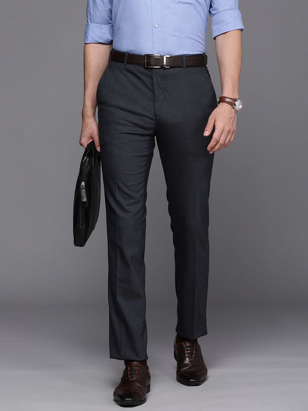 Raymond Men Navy Blue Textured Mid-Rise Slim Fit Trousers