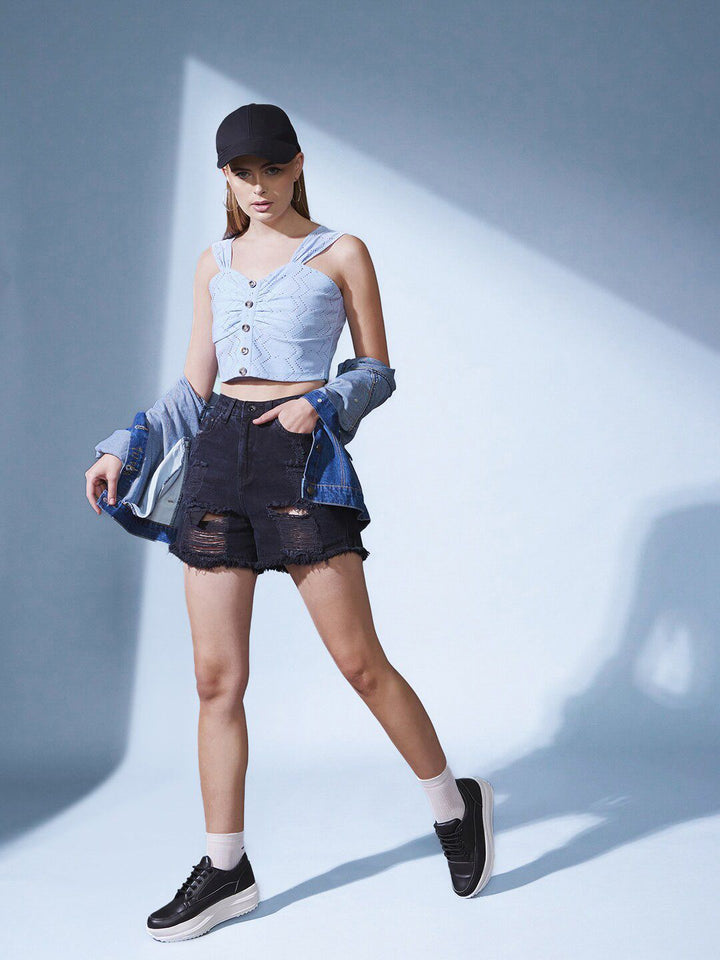 STREET 9 Blue Self Design Fitted Crop Top