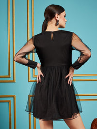 SASSAFRAS Black Floral Embellished Detailed Gathered Detailed Net Fit & Flare Mini Dress