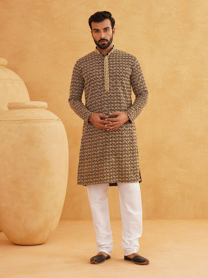 SOJANYA Set Kurta Cotton Pure Cotton Lengan Panjang Sulam Geometrik Kolar Mandarin
