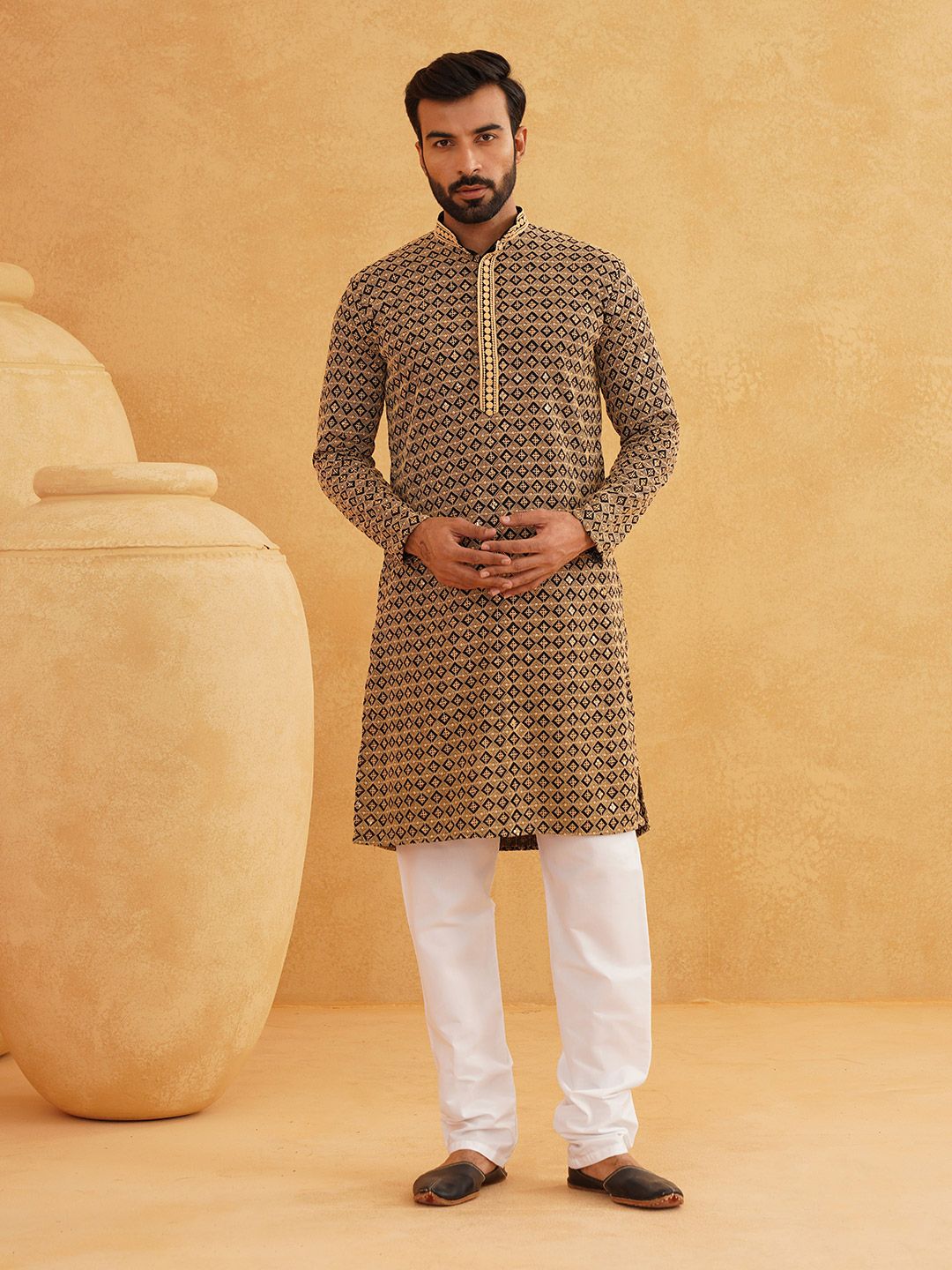 SOJANYA Set Kurta Cotton Pure Cotton Lengan Panjang Sulam Geometrik Kolar Mandarin