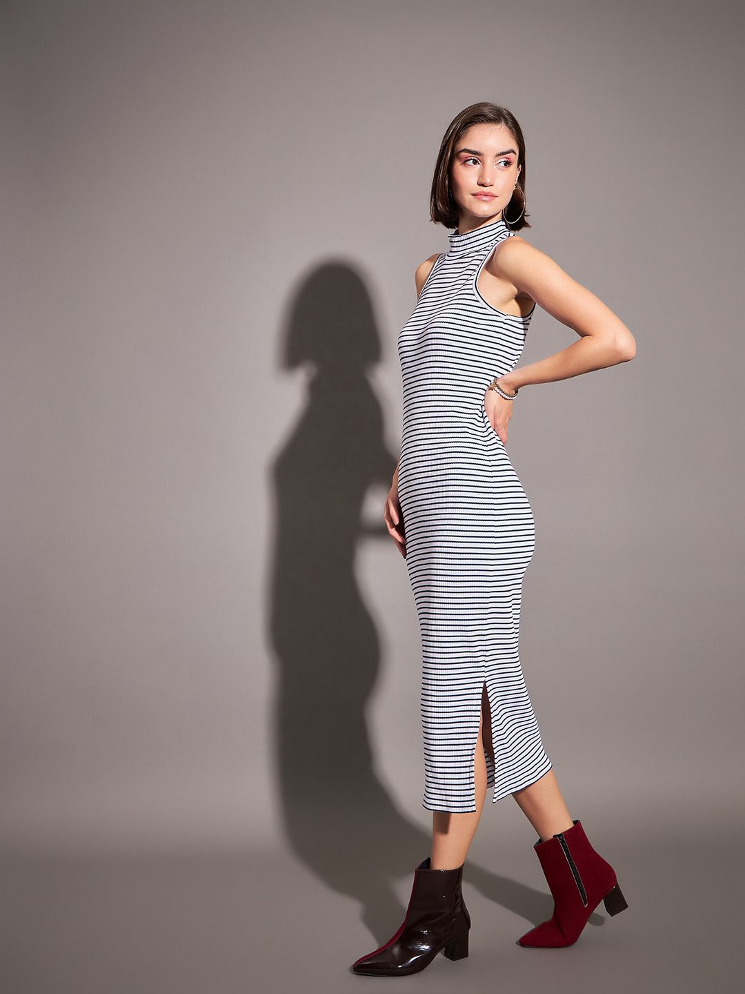 SASSAFRAS High Neck Striped Bodycon Midi Dress