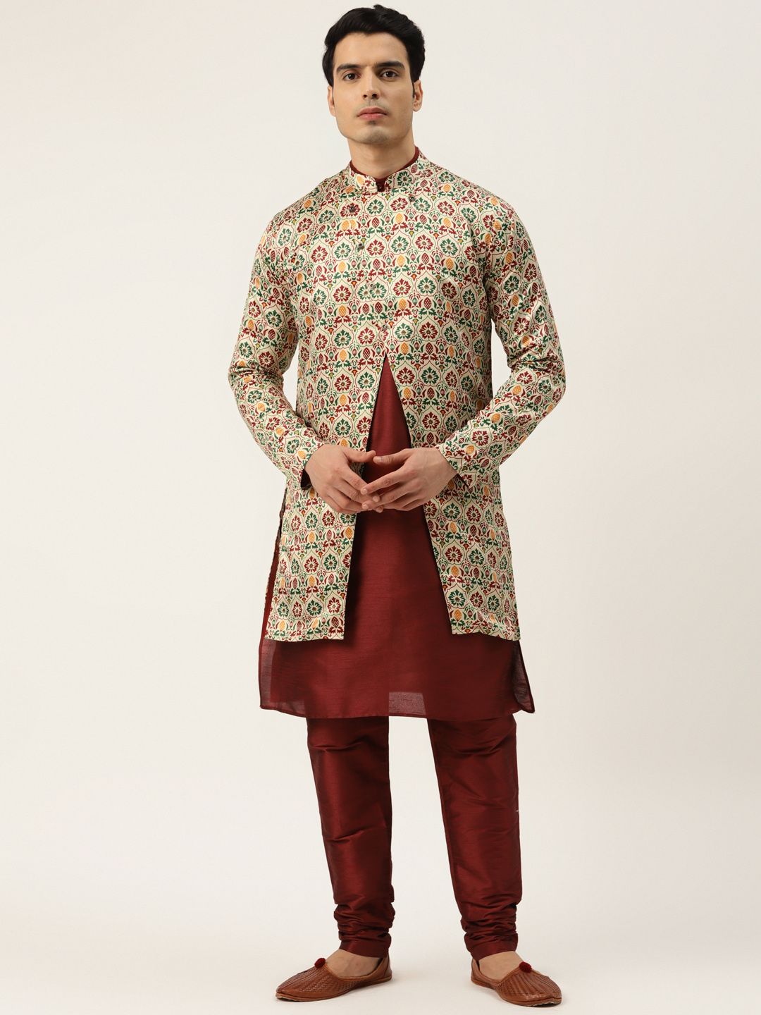 SOJANYA Kurta Solid Maroon Lelaki dengan Jaket Churidar & Printed