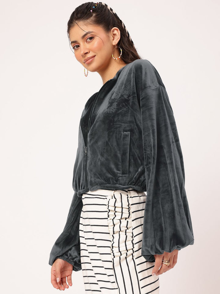 DressBerry Nomadic Nest Velour Finish Dramatic Puff Sleeves Crop Jacket