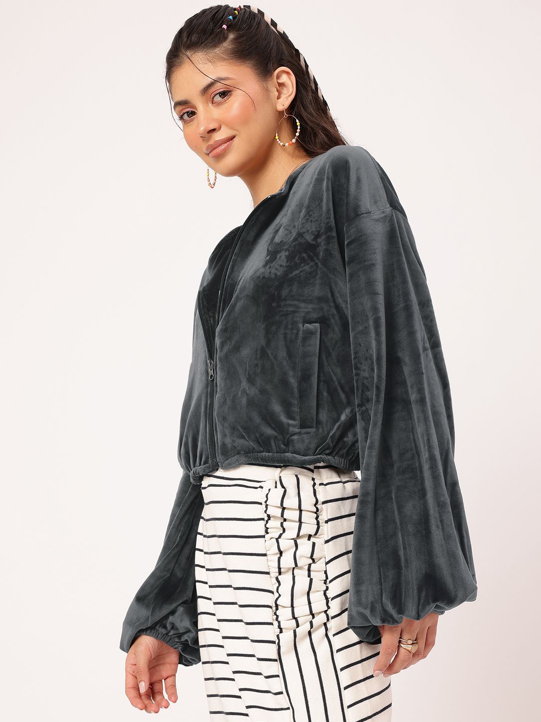 DressBerry Nomadic Nest Velour Finish Dramatic Puff Sleeves Crop Jacket