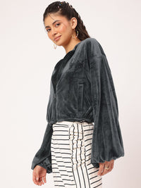 DressBerry Nomadic Nest Velour Finish Dramatic Puff Sleeves Crop Jacket