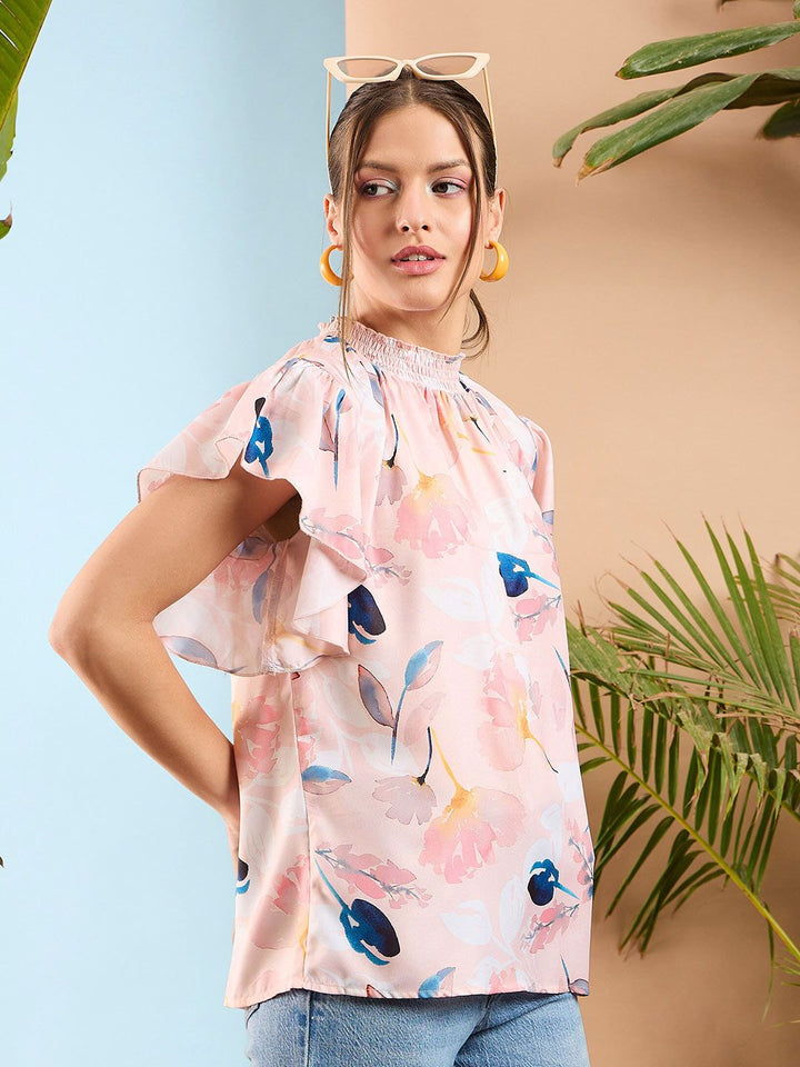 SASSAFRAS Floral Printed Flared Sleeve Smocked Top