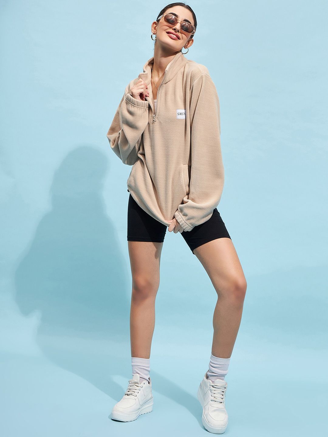 STREET 9 Beige Mock Collar Oversized Sweatshirt