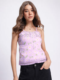 DressBerry Lavender Love Daisy Dreams Lace Inserts Pleated Printed Top