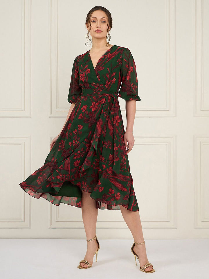 Antheaa Floral Printed Asymmetric Layered Georgette Wrap Midi Dress