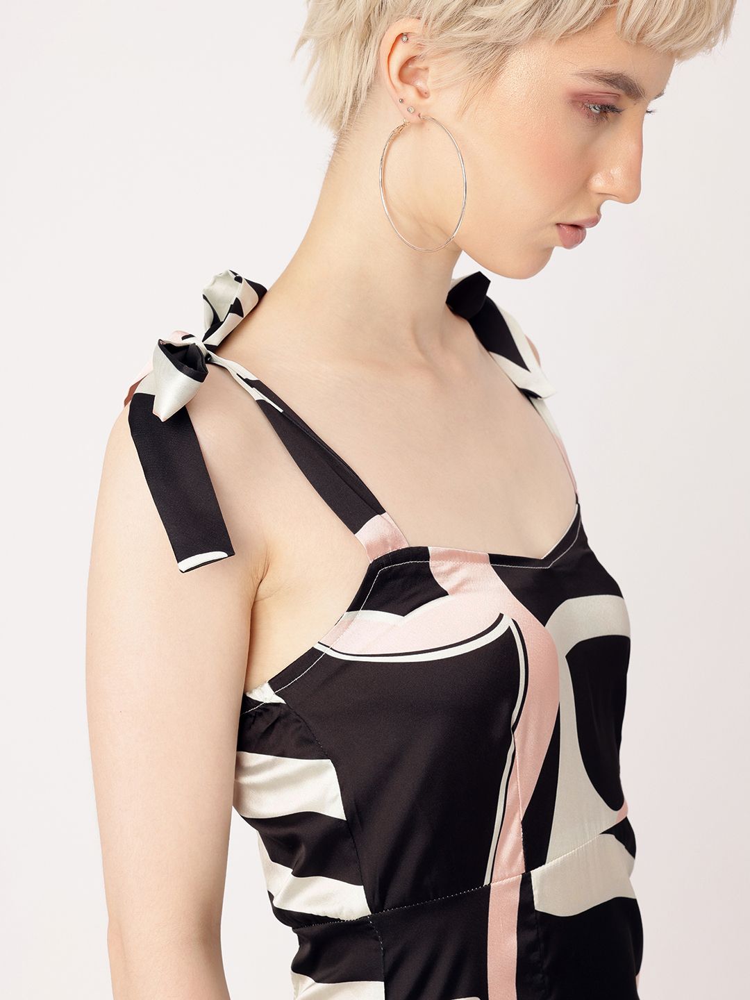DressBerry Playful Chic Satin Finish Printed Side Slit A-Line Midi Dress