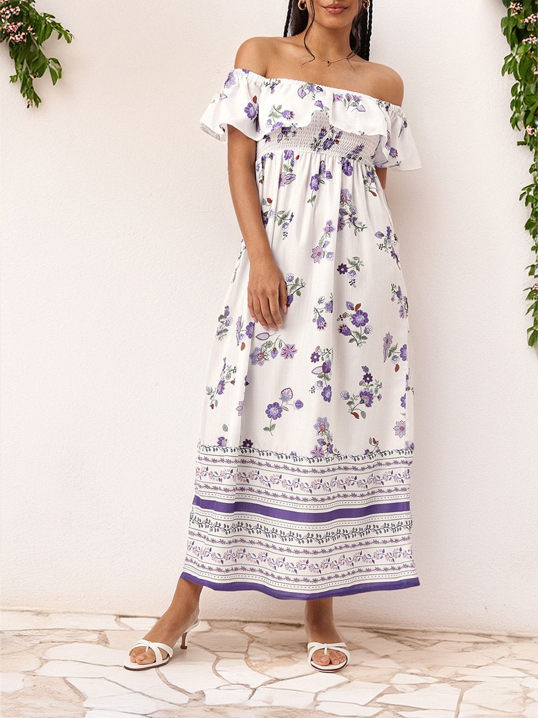 DressBerry Holiday Chic Off-Shoulder Appeal Smocked Maxi Dress