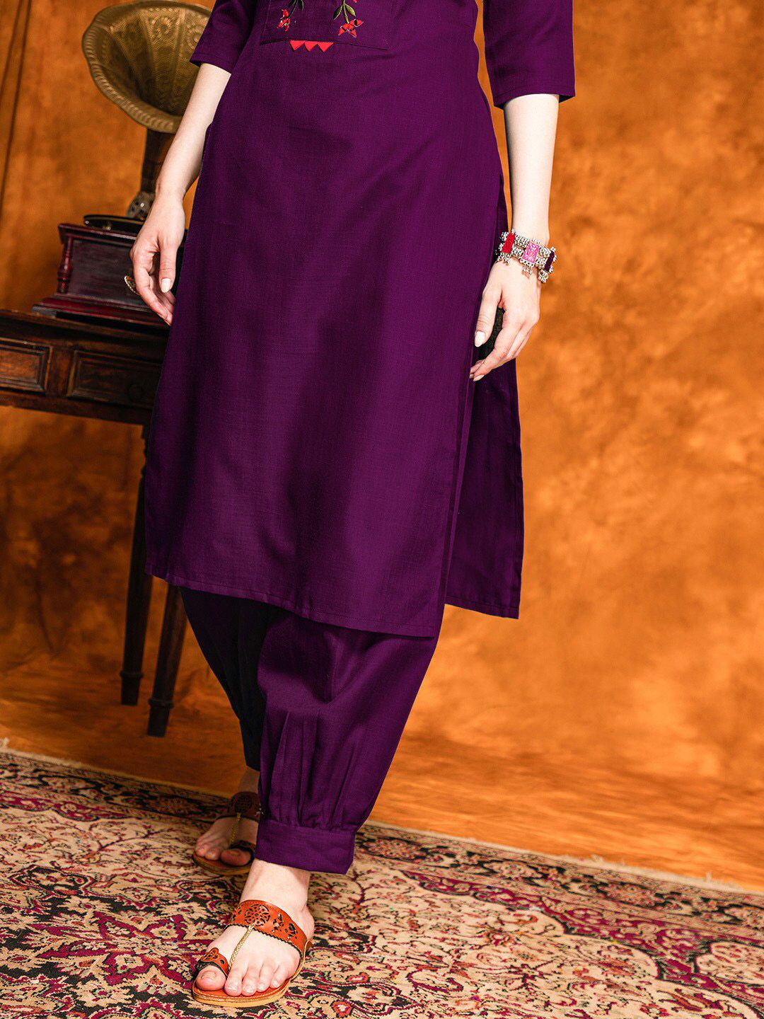 KALINI Floral Embroidered Mirror Work Straight Kurta with Patiala & With Dupatta