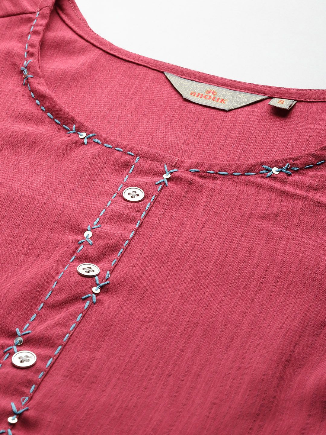 Anouk Thread Work Detail Calf Length Straight Kurta with Mock Buttons