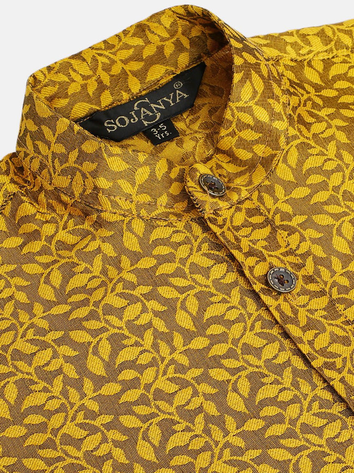 SOJANYA Boys Mustard Yellow Woven Design Jacquard Weave Band Collar Kurta