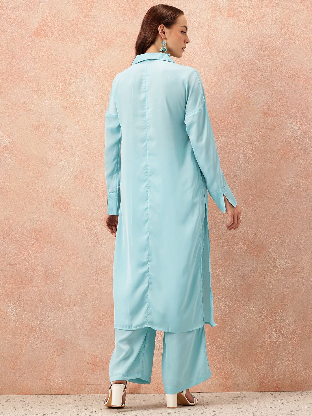 all about you Notched Lapel Collar Drop-Sleeves Satin Straight Kurta with Palazzos