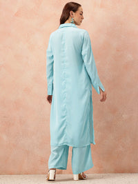 all about you Notched Lapel Collar Drop-Sleeves Satin Straight Kurta with Palazzos