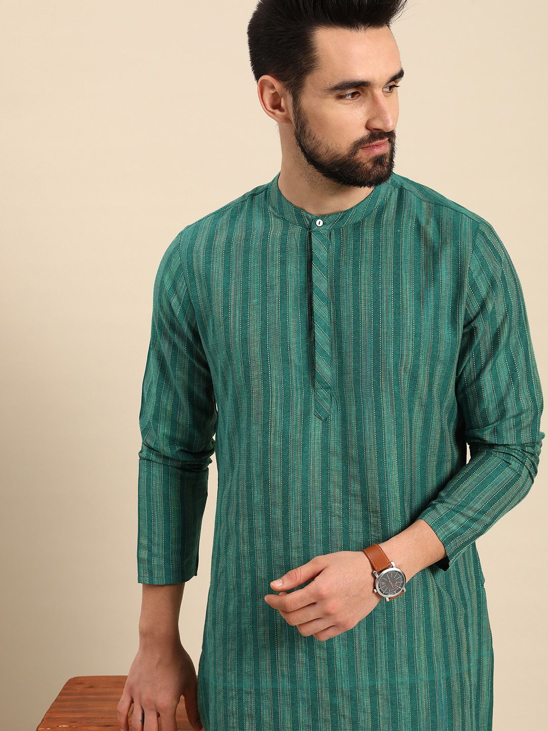 Anouk Men Teal Green Striped Kurta