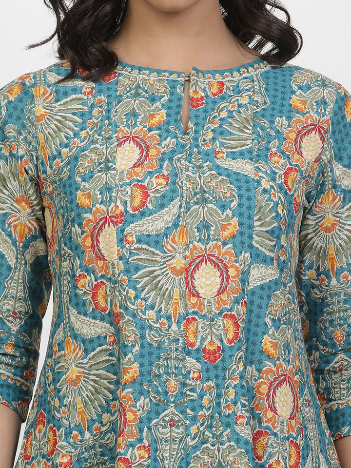 W Floral Printed Keyhole Neck Pure Cotton A-Line Kurta