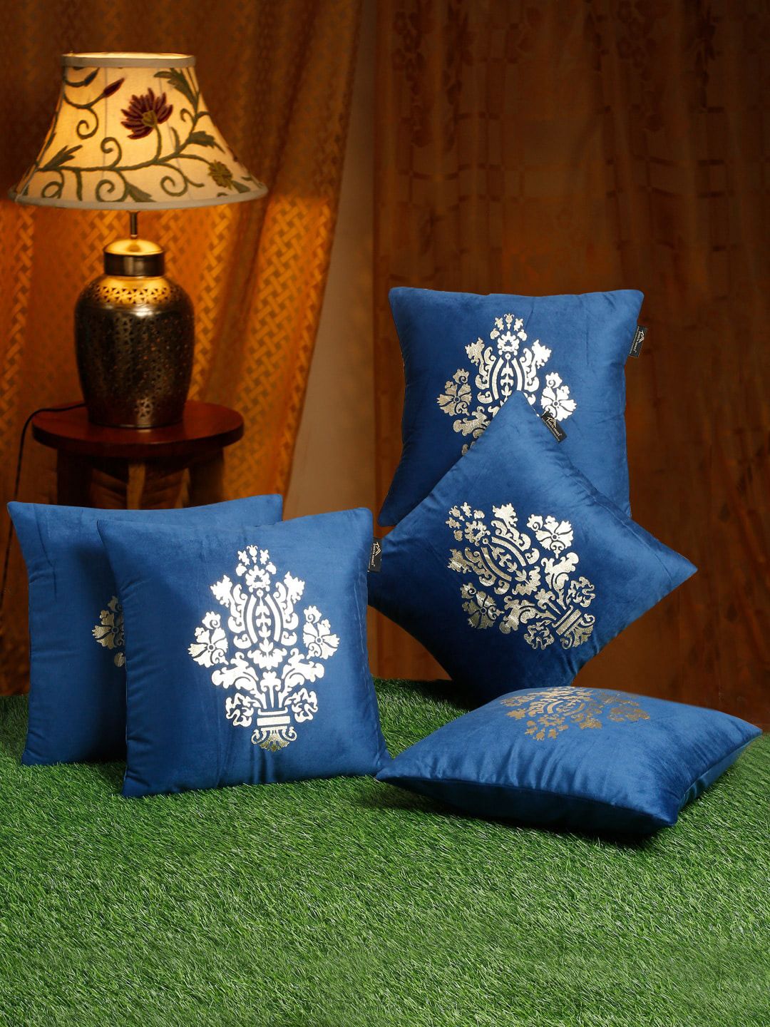 HOSTA HOMES Blue & Gold-Toned Set of 5 Floral Velvet Square Cushion Covers