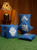 HOSTA HOMES Blue & Gold-Toned Set of 5 Floral Velvet Square Cushion Covers