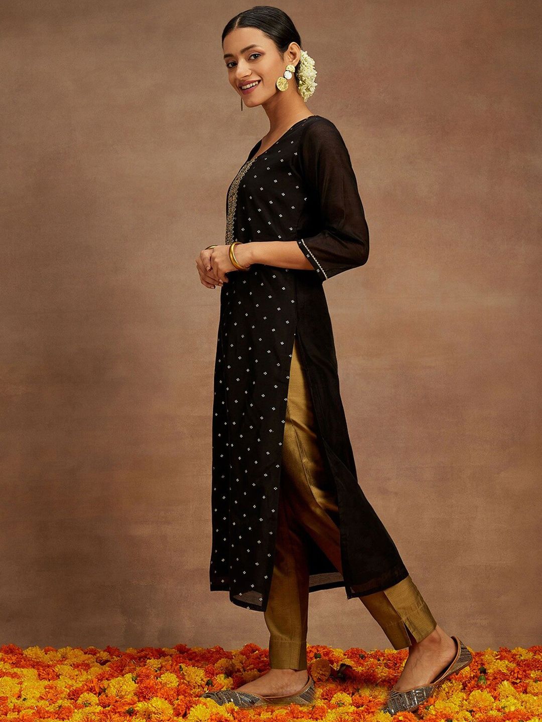 Libas Floral Sequinned Embroidered Chanderi Silk Straight Kurta