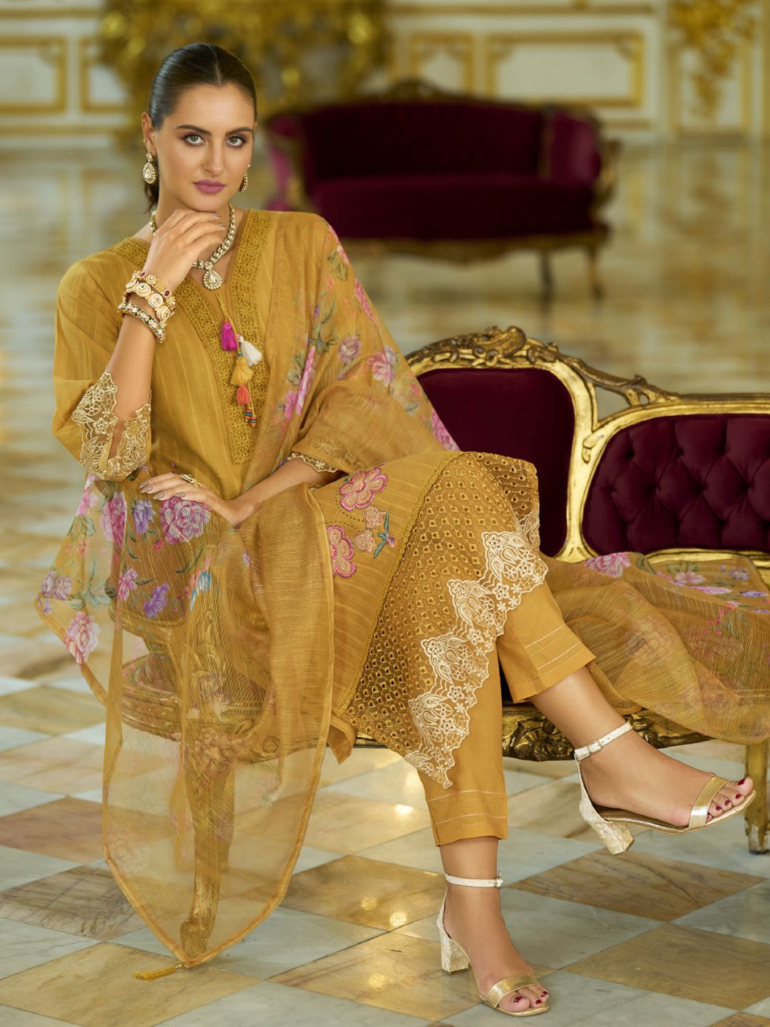 Varanga Floral Embroidered V-Neck Thread Work Pure Cotton Kurta With Trousers And Dupatta