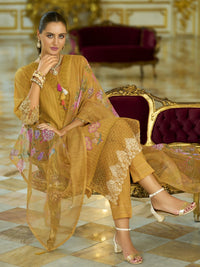 Varanga Floral Embroidered V-Neck Thread Work Pure Cotton Kurta With Trousers And Dupatta