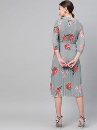 SASSAFRAS Grey & Peach-Coloured Floral Printed Accordian Pleat Fit & Flare Dress