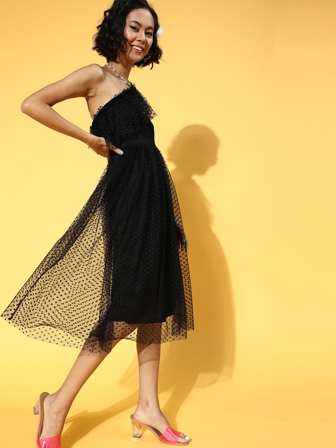 Athena Women Stylish Black Self-Design One-Shoulder Dress
