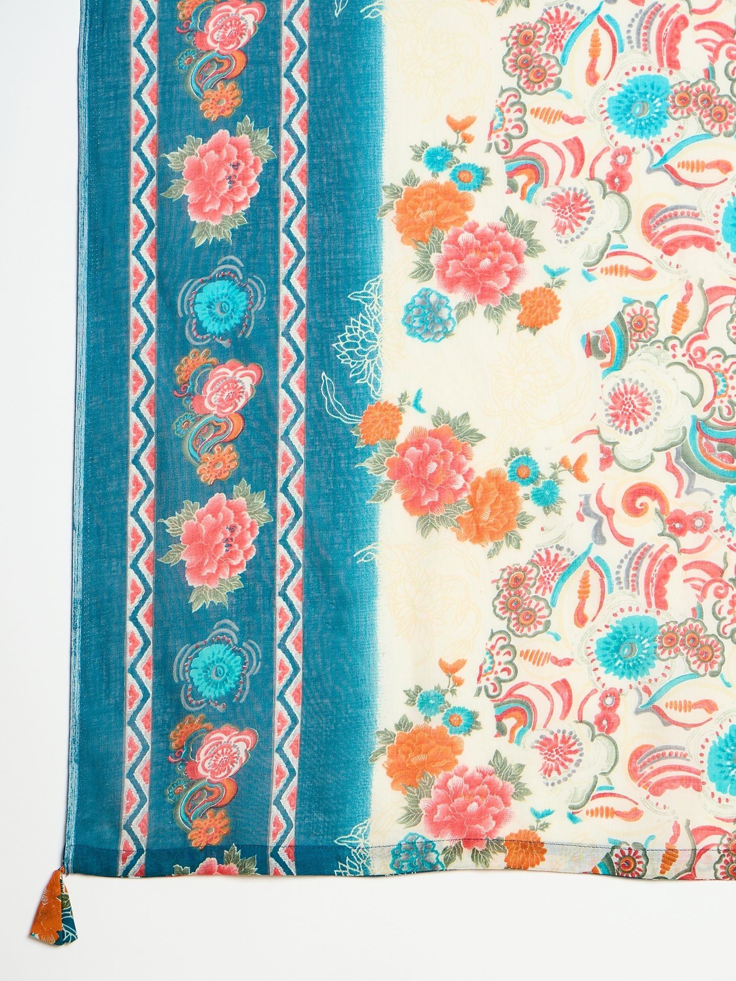 Indo Era Floral Printed Mirror Work V-Neck Straight Kurta With Trousers And Dupatta