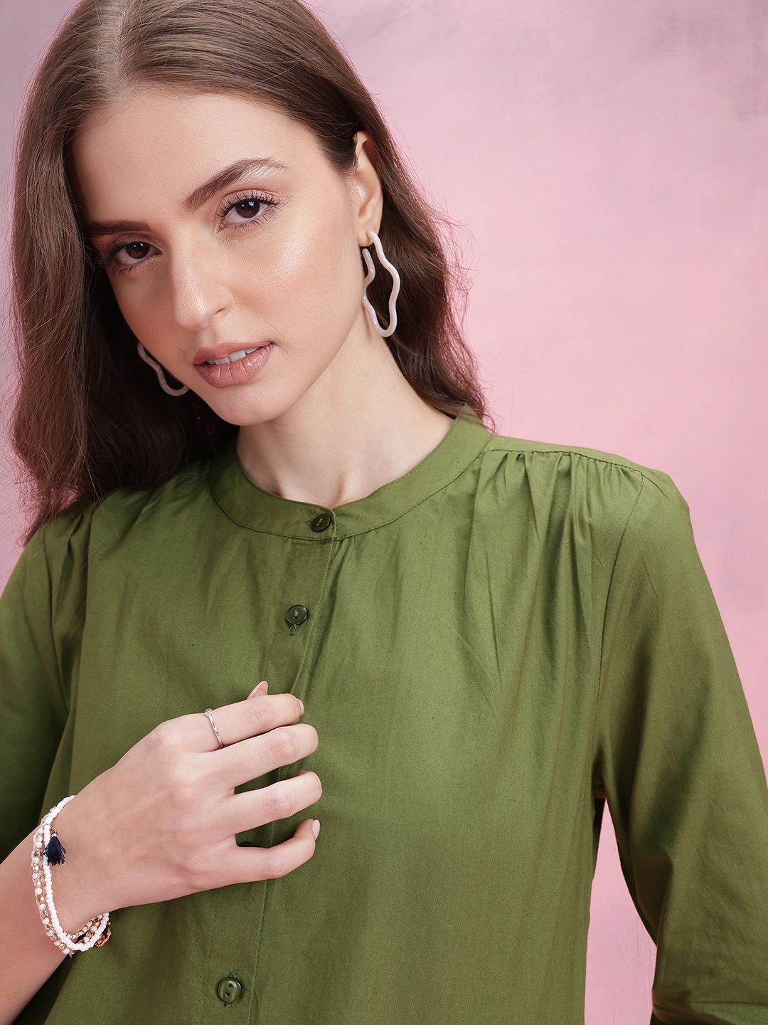 DressBerry Mandarin Collar Puff Sleeve Shirt Style Top with Gathered Details