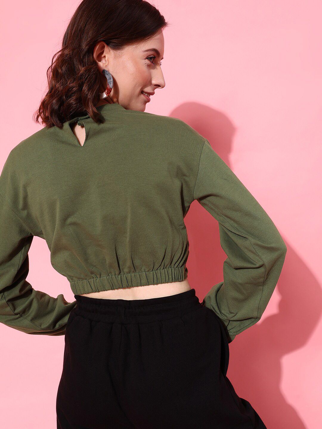 STREET 9 Women Lovely Olive Solid Crop Sweatshirt