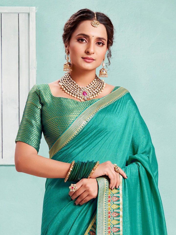 Saree mall Sea Green & Red Woven Design Zari Sarees