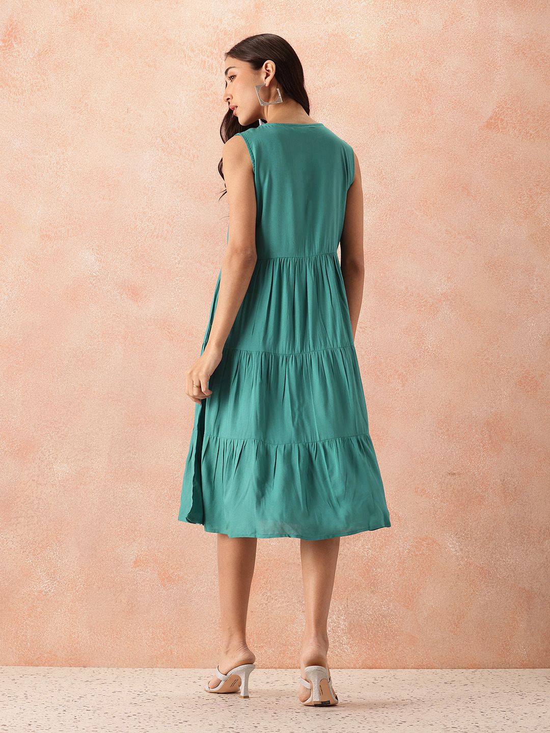 all about you Tie-Up Neck A-Line Tiered Midi Dress